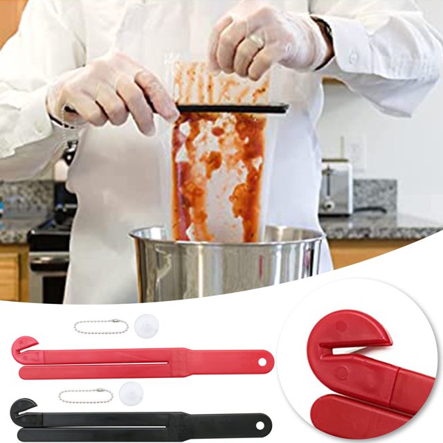 Abrebolsas y herramienta extrusora de acero inoxidable para cocina - corta y vacía bolsas de comida con cadena y ventosa para facilitar su almacenamiento