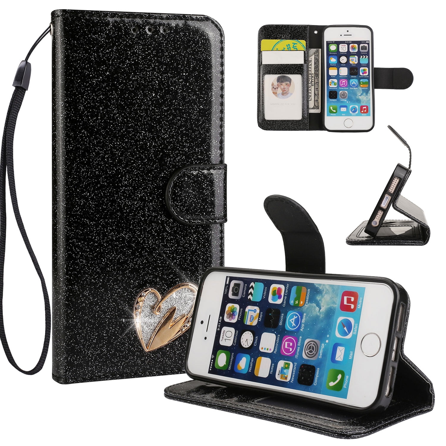 iPhone 5 5S Case Wallet, iPhone SE (2016 Edition) Case, Allytech Glitter Folio Kickstand with Wristlet Lanyard Sparkle Luxury Bling Card Slots Slim Cover for Apple iPhone 5 5S SE(2016) (Black) - Walmart.com