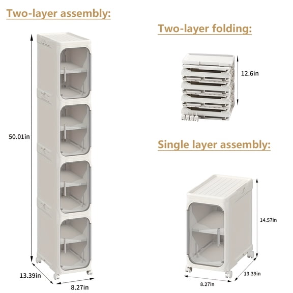 3/4-Tier Slim Storage Cabinet | Tall Narrow Organizer with Adjustable Shelves and Wheels, Suitable for Small Spaces, Bathroom, Kitchen, Laundry