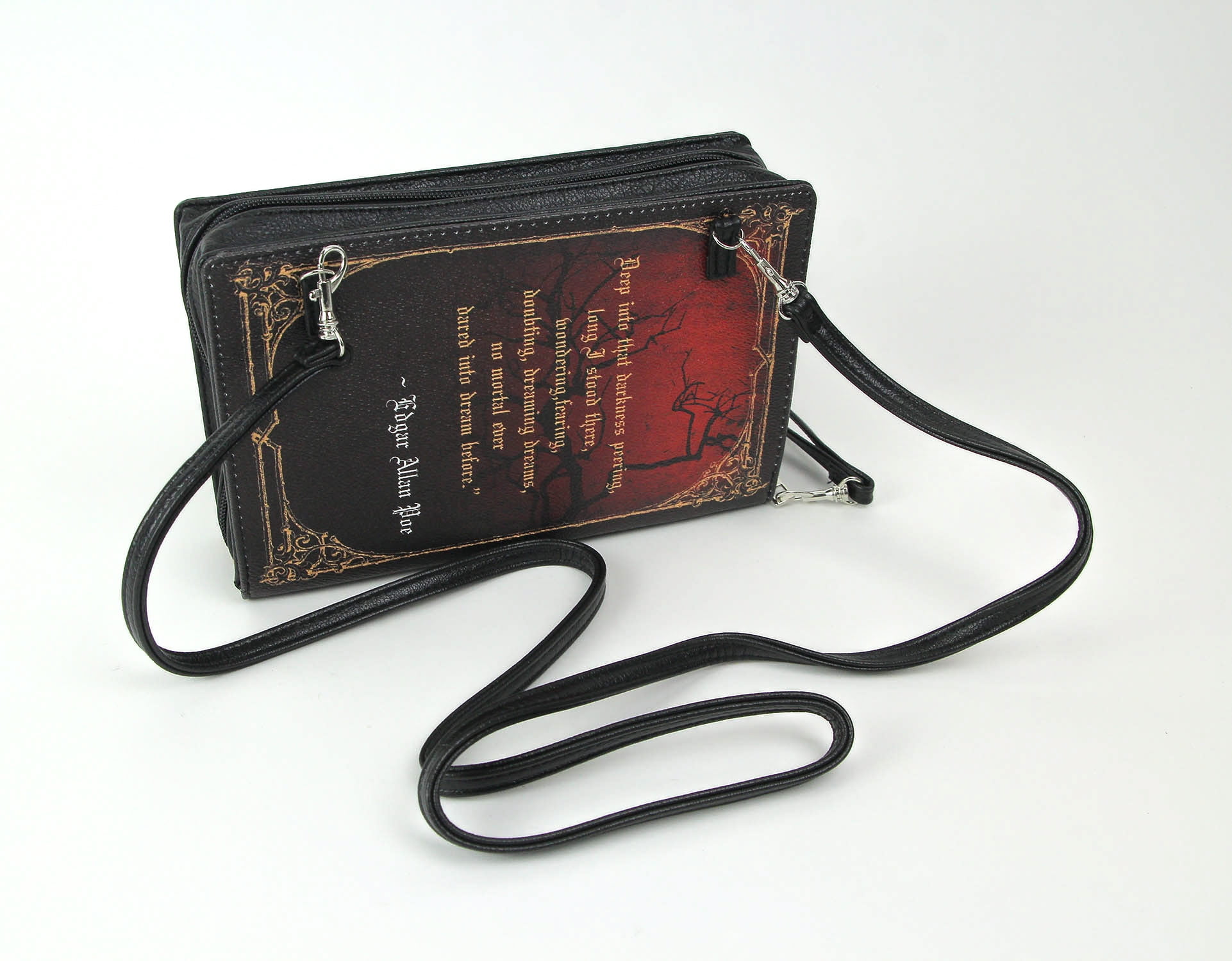 Things2Die4 Black Vinyl The Raven Book Handbag Novelty Clutch Purse Crossbody Bag Edgar Allen Poe