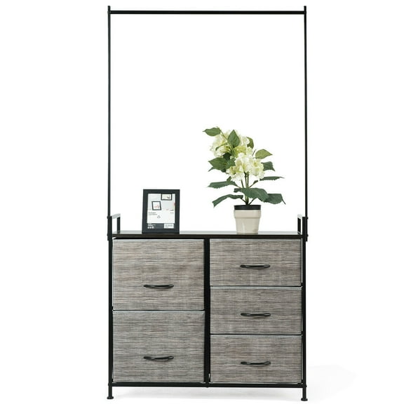 Gymax Closet Organizer Dresser Storage Tower with 5 Drawers Metal Frame Wooden Top