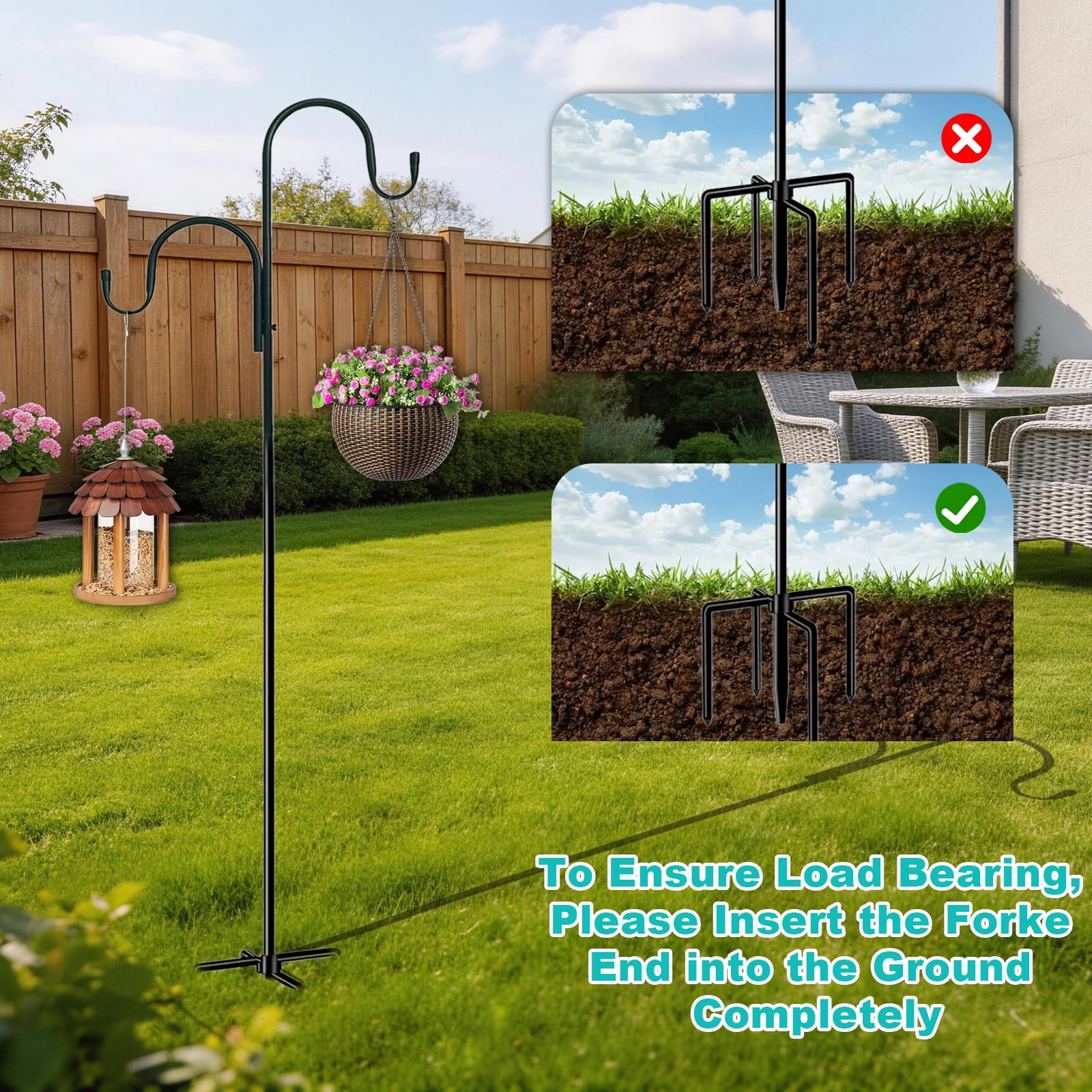 AGCAN Double Shepherds Hook for Outdoor, Heavy Duty Bird Feeder Pole with 5-Prong Base, Adjustable 94 Inch Garden Hook for Hanging Plant Baskets, Solar Light Lanterns, Wind Chimes