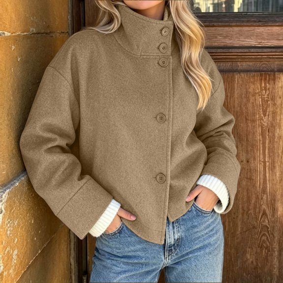 WIZUTIZ Women's Solid Color Button Front Jacket Turn Down Collar Long Sleeve Loose Casual