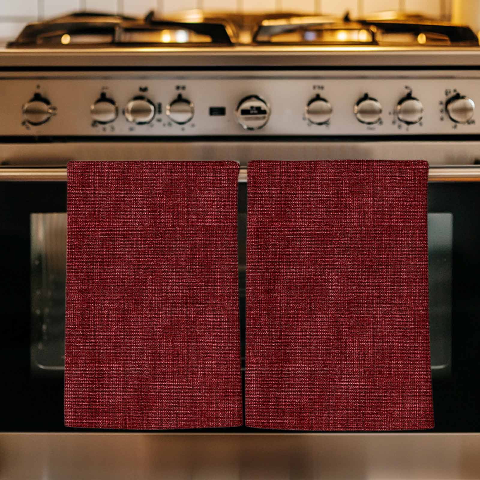 Dark Red Microfiber Kitchen Towel, Farmhouse Burlap Solid Red Color Modern Linen Texture Soft Absorbent Dish Towels, Quick Drying Washable Dishcloths for Kitchen Cleaning, Drying Dishes, 18x28 Inches
