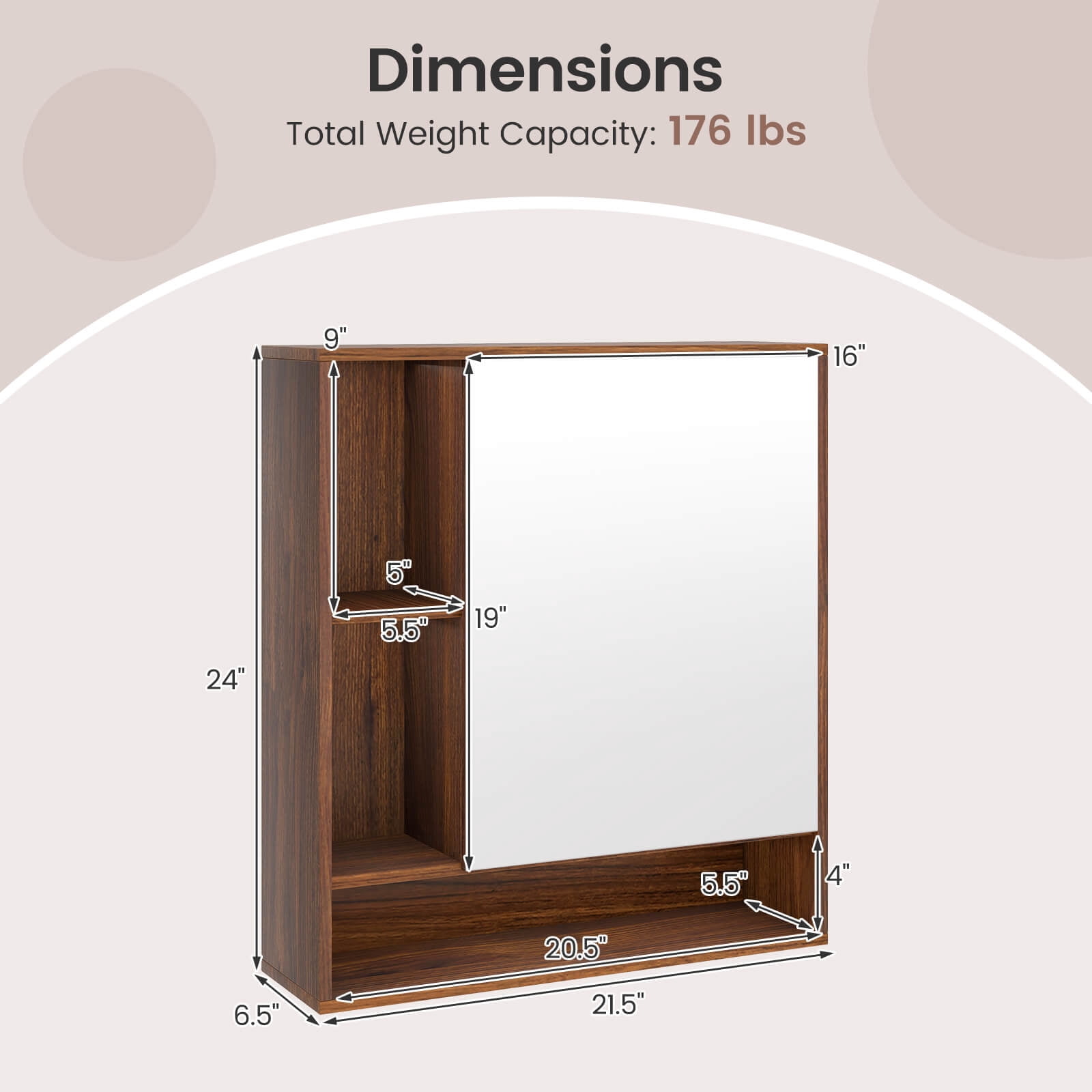 Costway Bathroom Wall Cabinet with Mirror, Single Door, 3 Open Shelves & Adjustable Shelf Walnut