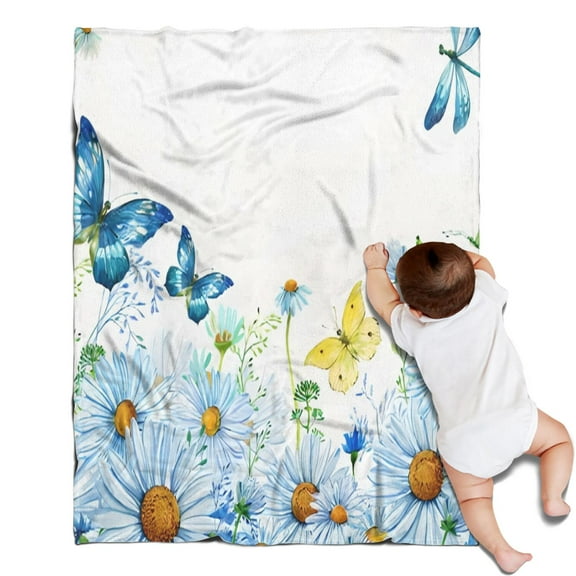 White Flower Butterfly Pattern Blanket,Comfortable Soft Flannel Throw Blanket,All Season,Warm Lightweight Blankets for Sofa Bed Couch Living Room Chair,30"x40"