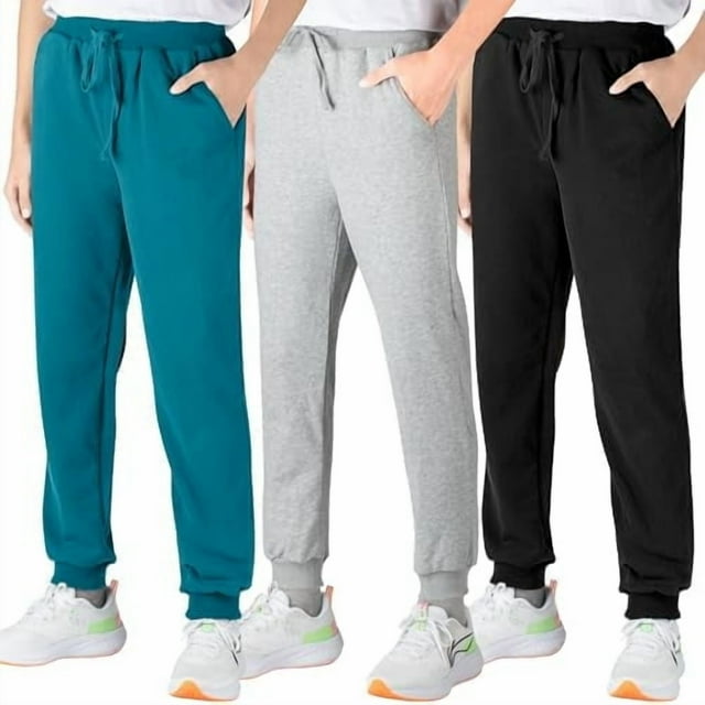 BIG ELEPHANT Pantalones Deportivos para Niños, Pantalones Deportivos de Algodón con Bolsillos y Cordón, Paquete de 3 (6-15 Años)
