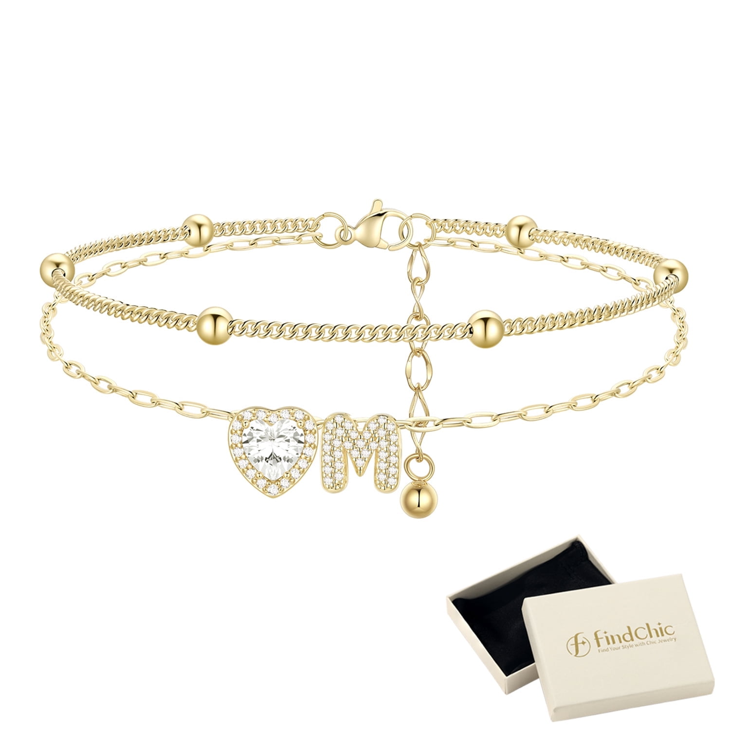 FindChic Ankle Bracelets for Women Waterproof, 14K Gold Plated CZ Initial M Anklet Heart Layered Beaded Paperclip Foot Chain Anklet, Adjustable Summer Beach Jewelry Gifts for Birthday Mothers Day Mom