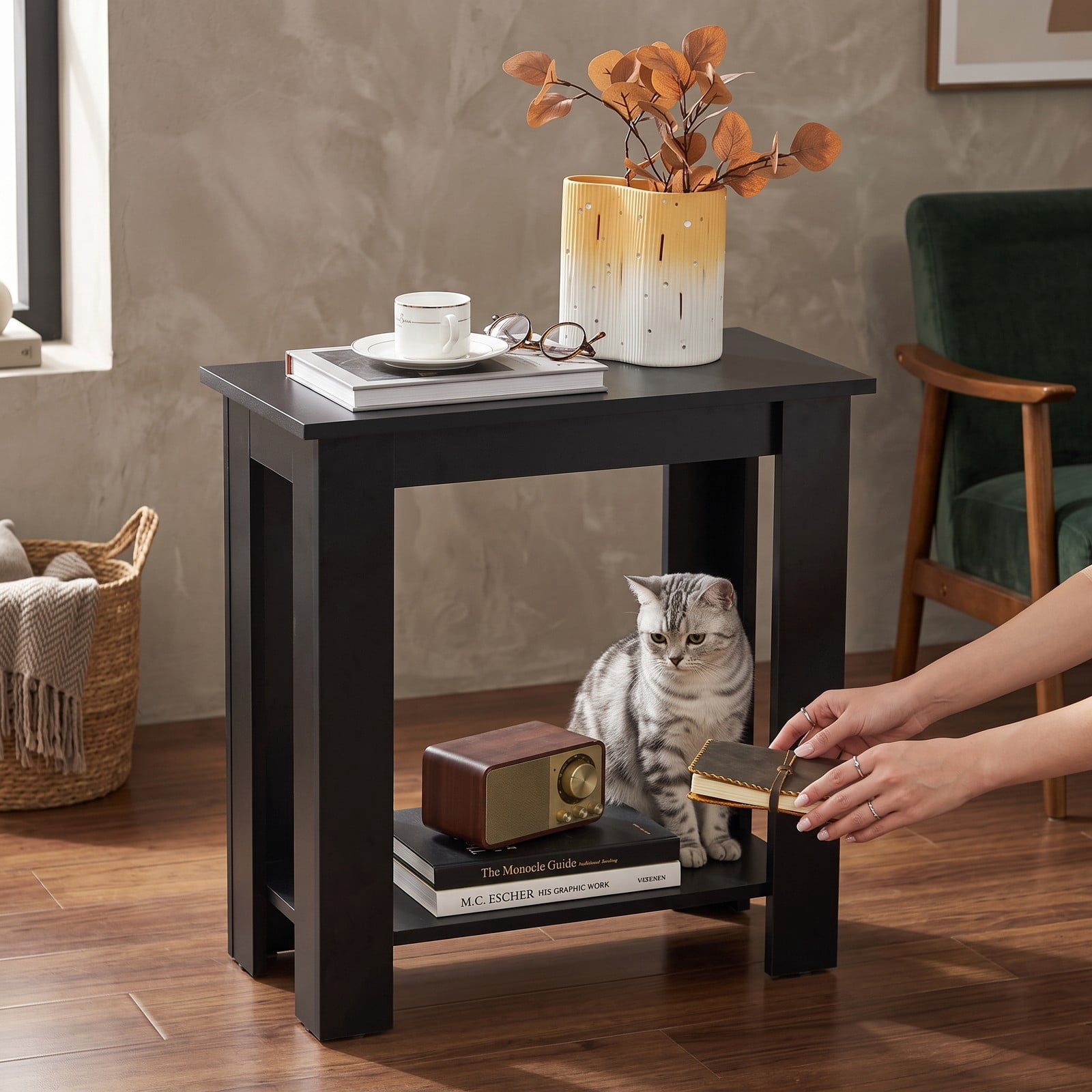 Furnibear 2-Tier Modern End Table with Storage Shelf, Compact Wooden Nightstand Sofa Side Table for Living Room Bedroom Small Spaces, Black