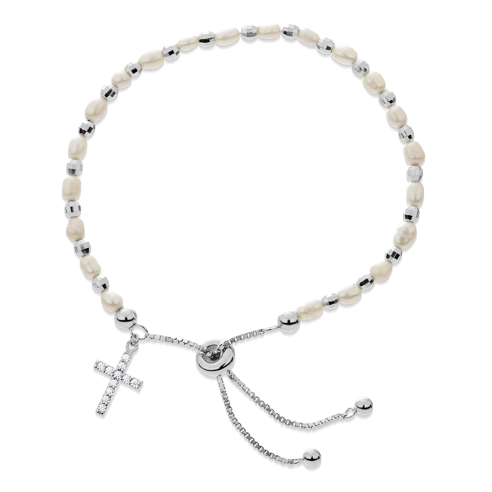 Sterling Silver Rhodium Plated Freshwater Pearl And Created White ...