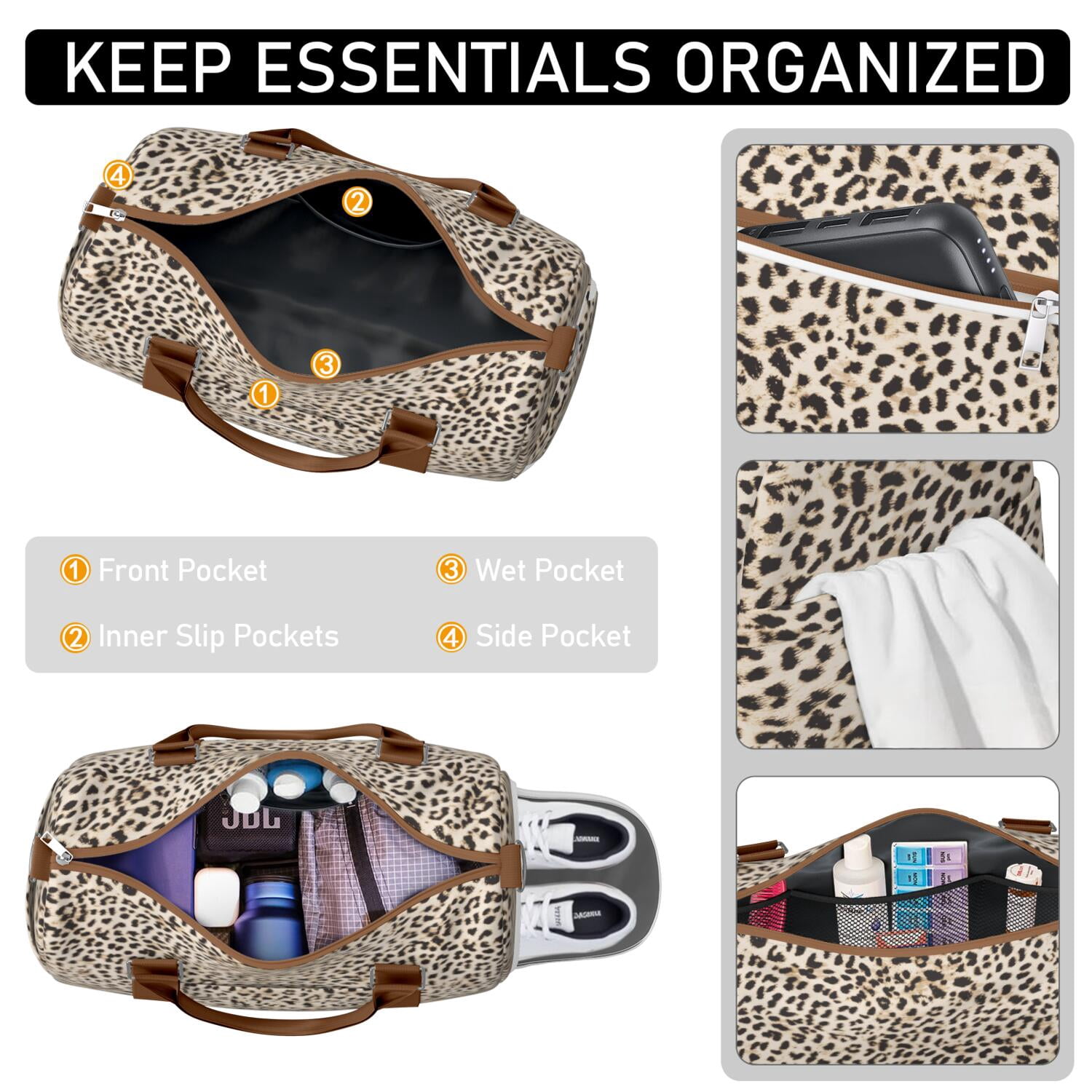 Leopard Womens Gym Tote Duffle Bag with Wet Pocket & Shoe Compartment, Checkered Travel Duffel Bag Overnight Weekender Hospital Tote Girls Workout Carry on Bag with Luggage Sleeve