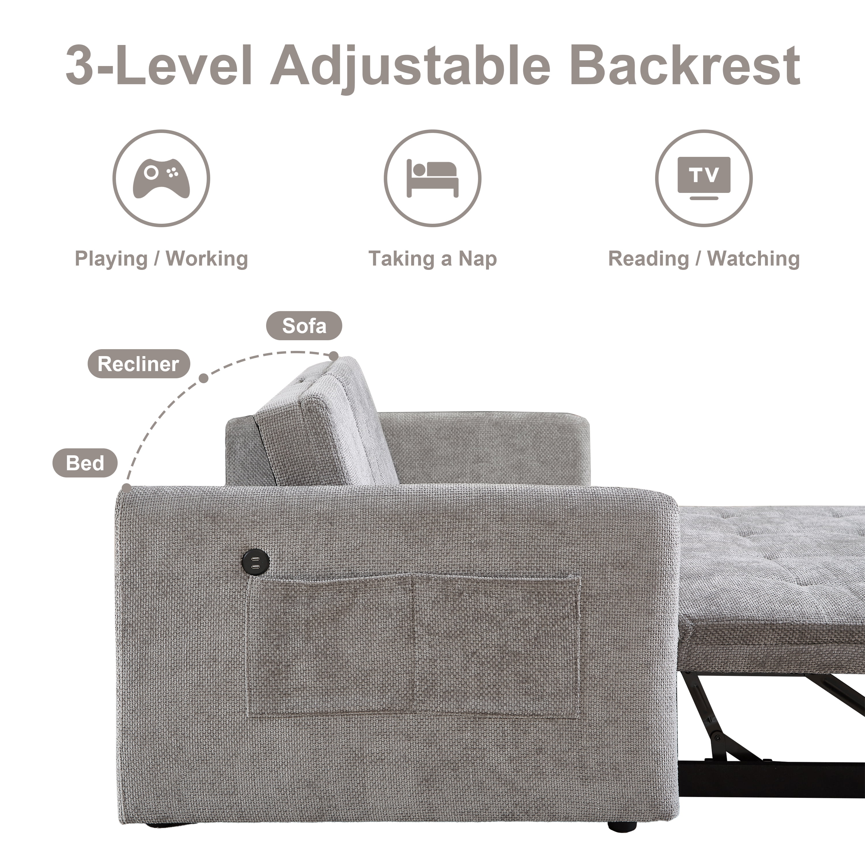 Noodeniya 57" 3 In 1 Convertible Sleeper Couch Bed with two cup holders, pull out sofa bed with USB and Side Pocket, Grey