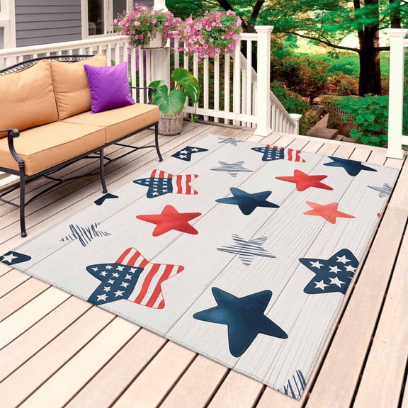 4th of July Star Cute Outdoor Rug 4x6 Ft, Non Slip Washable Area Rug, Wooden Striped Farmhouse Patio Rugs Carpet Runner, Large Floor Mat for Indoor/Outdoor Deck Porch Camping