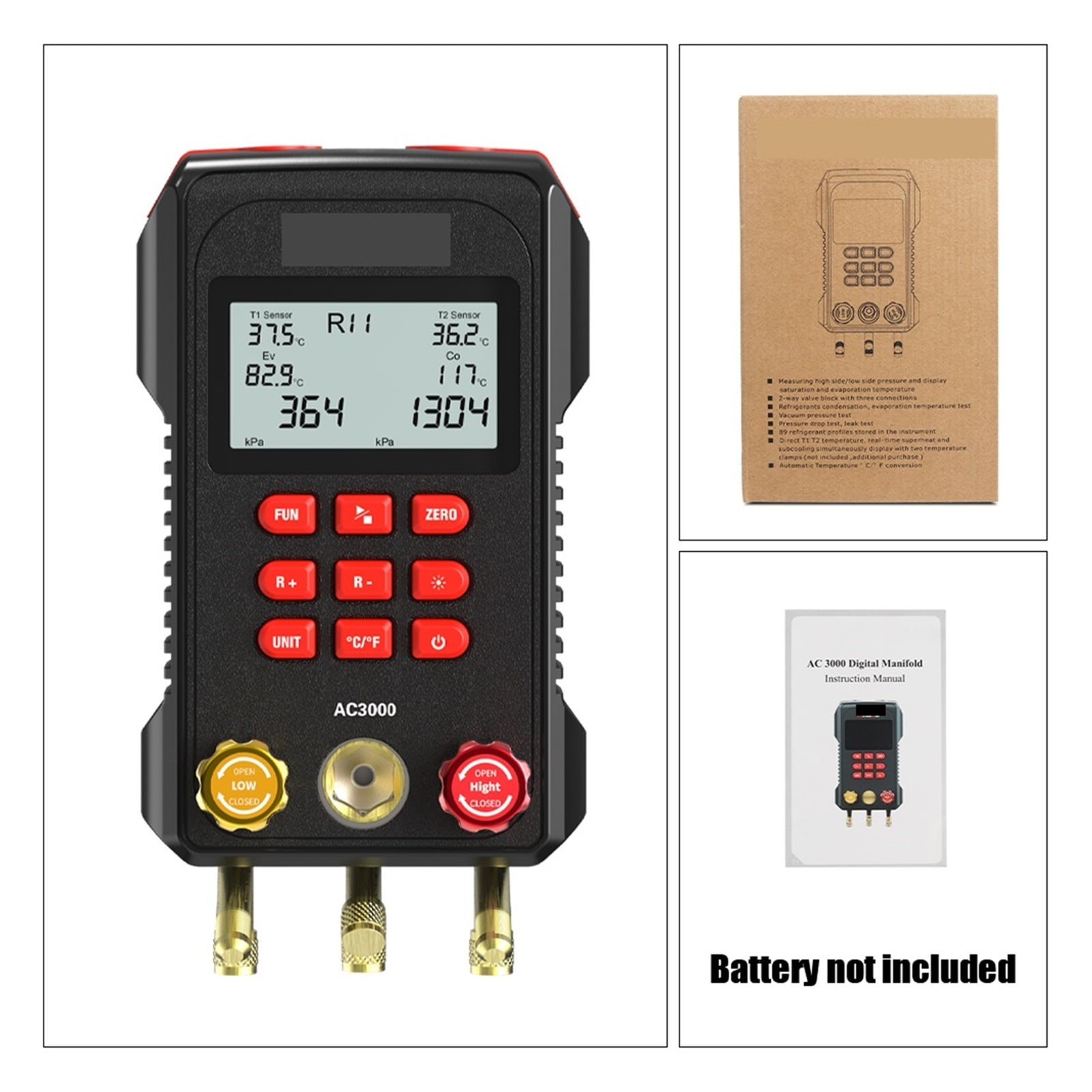 AC3000 Digital Manifold Meter Refrigeration Vacuum Gauge Digital Pressure Temperature Tester Air Conditioning Tools