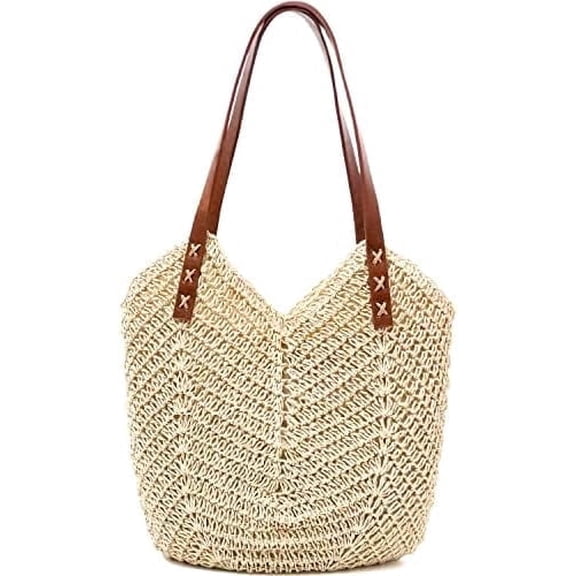 Large Woven Straw Beach Bag with Zipper for Women, Summer Vacation Travel Shoulder Handbag