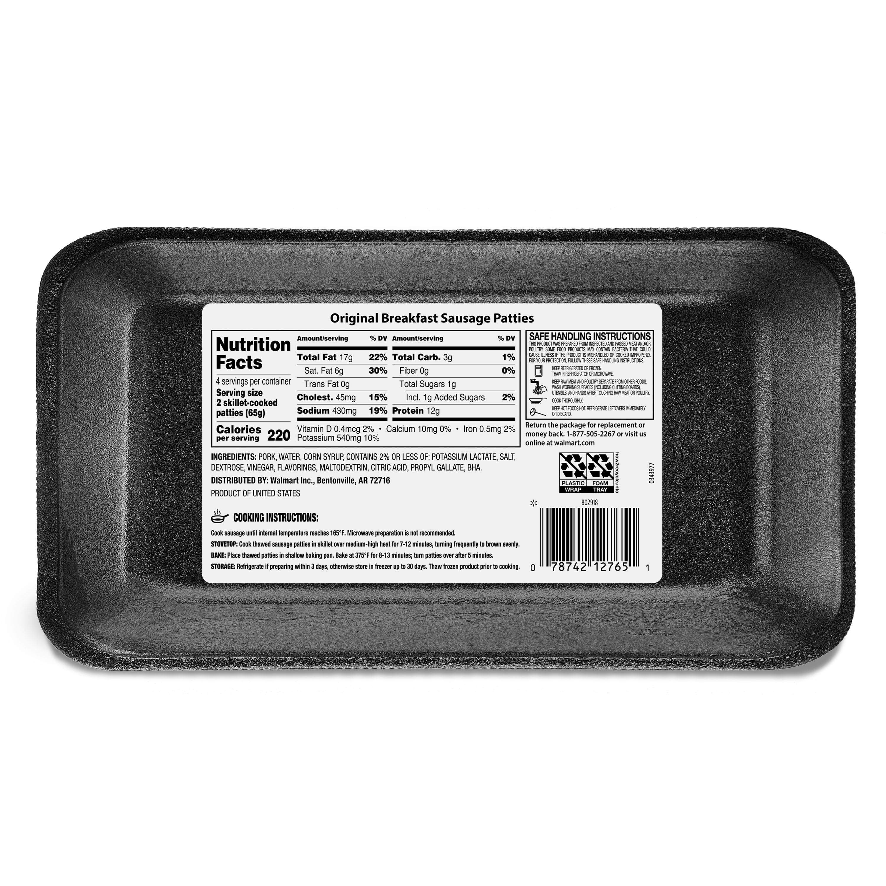 Great Value Uncooked Original Breakfast Pork Sausage Patties, 12 oz Package (Refrigerated)