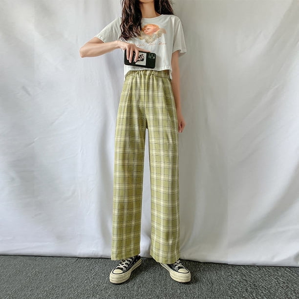 VISgogo Pantalones rectos de pierna ancha para mujer, pantalones largos casuales de cintura alta con estampado a cuadros y ajuste relajado VISgogo moda