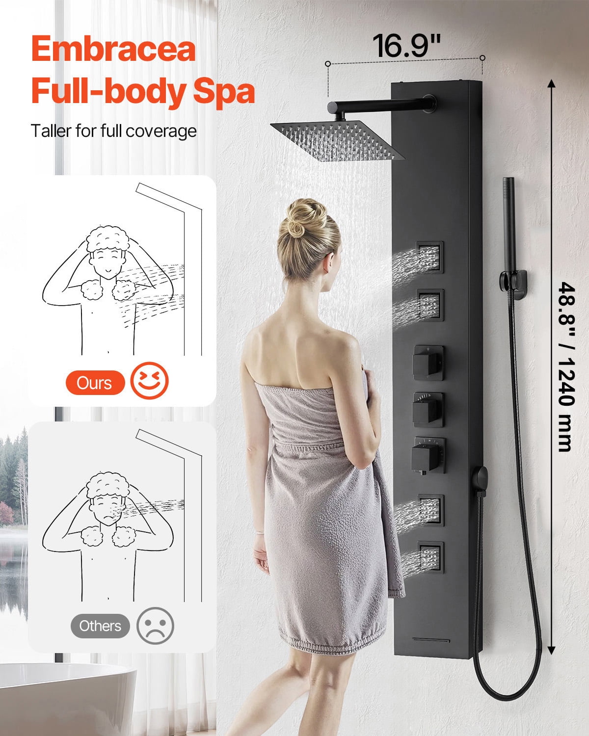 VEVOR Shower Panel Tower System with Rainfall Shower Head, 49 in Brushed Stainless Steel Shower Column, 4-Function Faucet, Wall-Mount Rain Massage System,with 4 Body Jets, Handheld,and Tub Spout