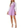 thumbnail image 2 of INSPIRE CHIC Contrast Color Dress for Women's Vintage Long Sleeve Tie Neck Dresses XS Light Purple, 2 of 6