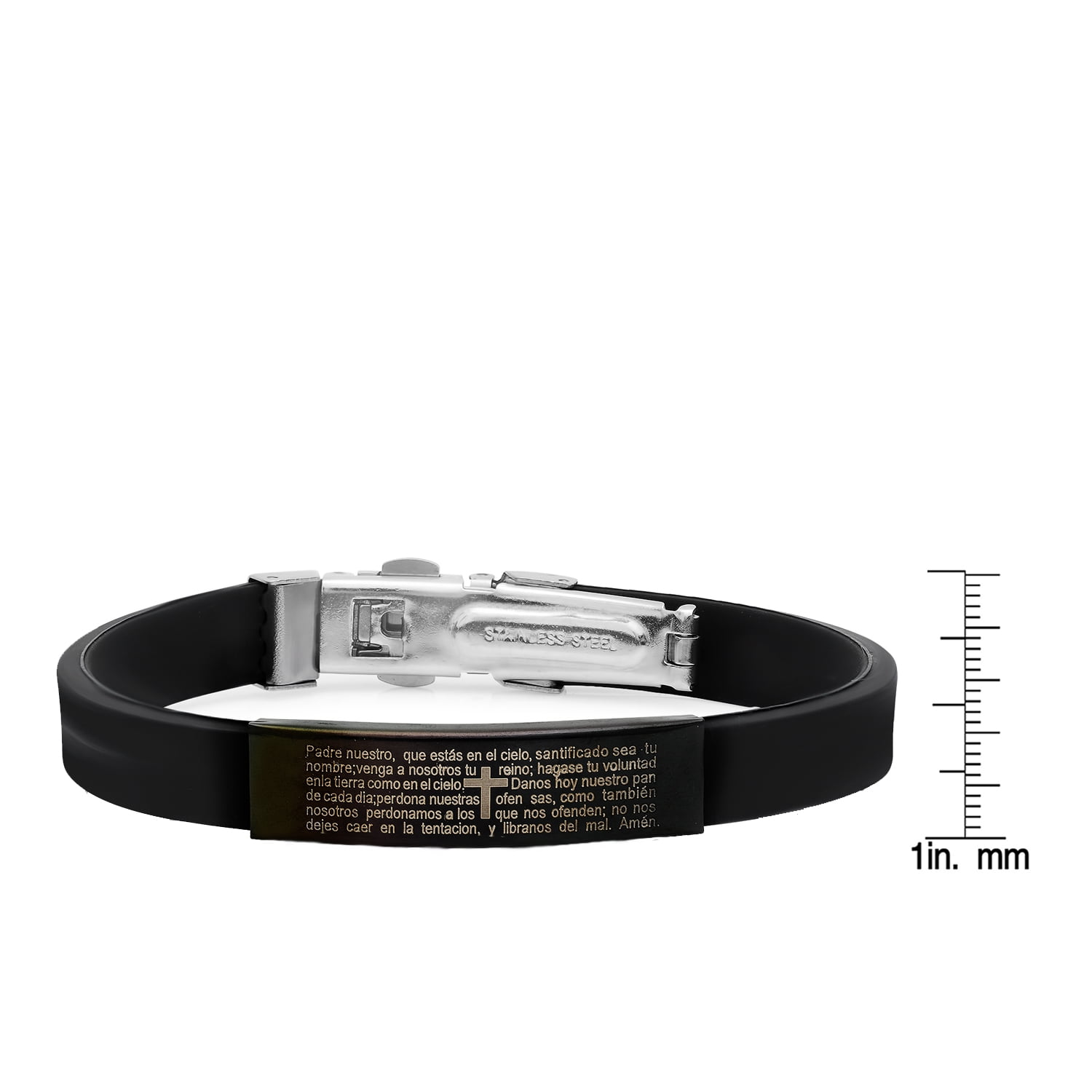 Men's Black Rubber Bracelet With Black IP Stainless Steel with Padre Nuestro Prayer Accent