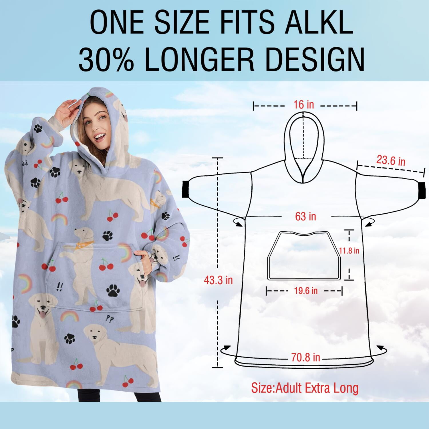 Oversized Wearable Blanket Hoodie,Golden Retriever Dog with Cherry and Rainbow Sherpa Blanket Hoodie with Super Pockets,Super Warm Fuzzy Pullover for Women & Men