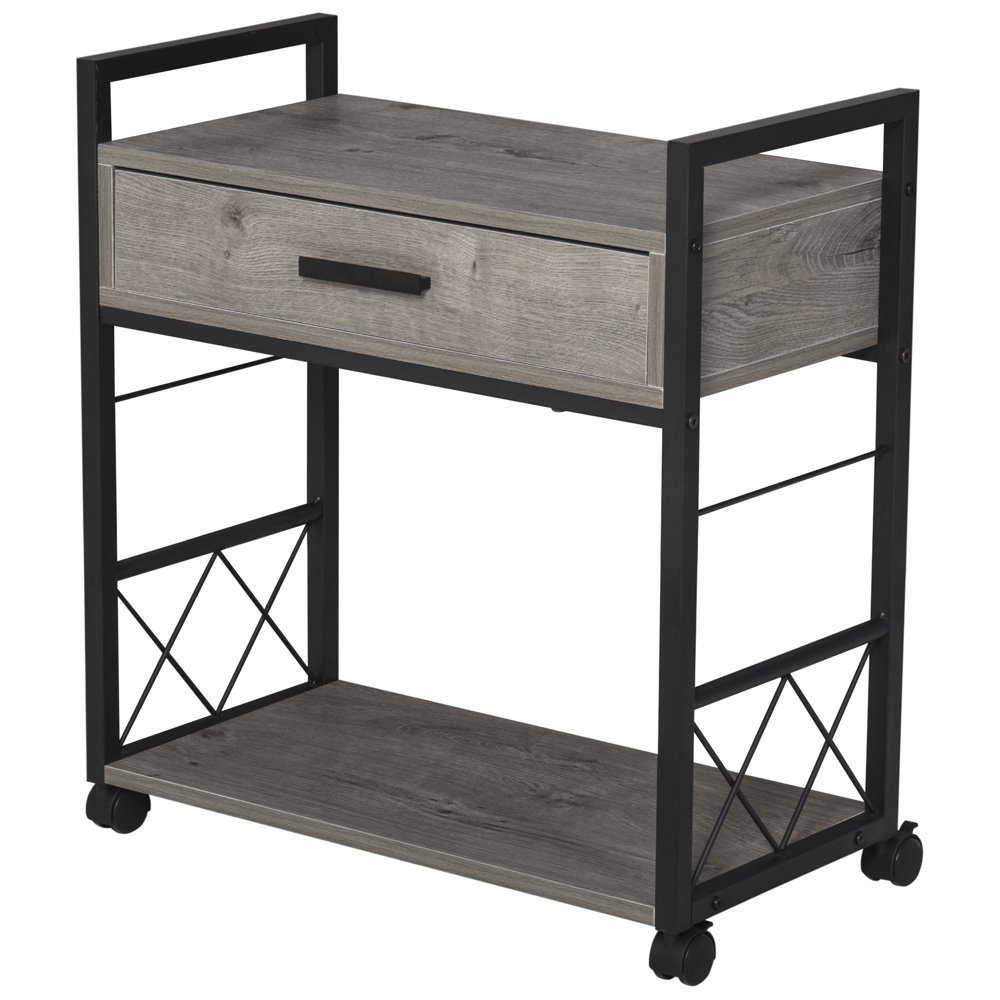 Industrial Style Side Table with 1 Drawer, Shelf, Wheels, Grey