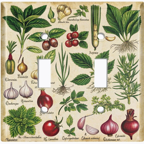 Metal Light Switch Wall Plate Outlet Cover (Printed Image of Detailed Botanical Labels - Double Toggle)