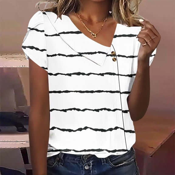 YHAJDS Short Sleeve Sweater for Women Printed V Neck Button Front Casual Spring Summer Blouse