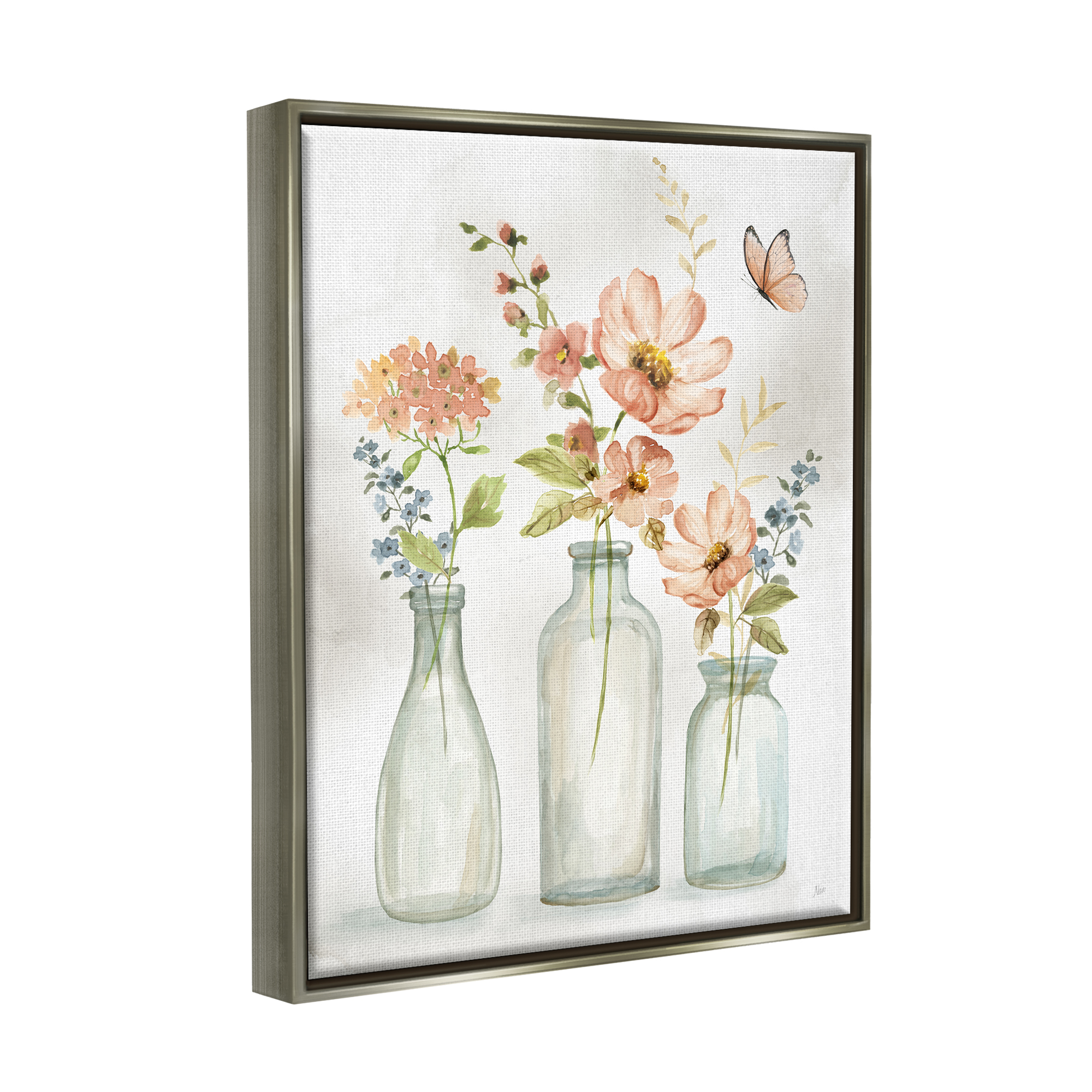 Stupell Industries Butterfly & Pink Florals Botanical & Floral Painting Gray Floater Framed Canvas Art Print Wall Art, 17 x 21