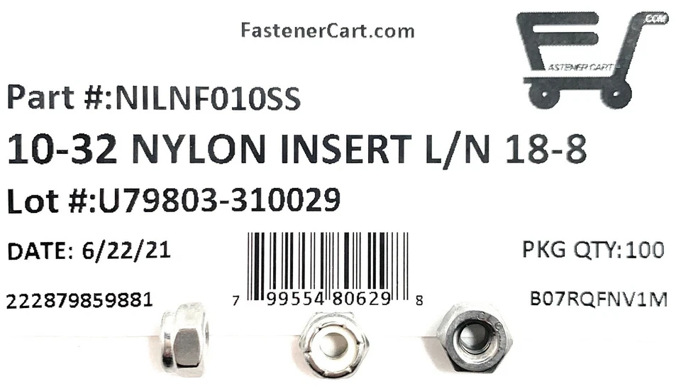 KLYNE - (100) 10-32 Stainless Steel Nylon Insert Lock Nuts - Fine Thread Unf 10-32