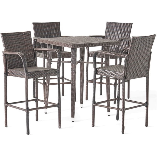 Noble House Colbin Ensemble de Table de Bar Carrée en Osier Brun Multi 5 Pcs pour Extérieur 32.5 Pouces