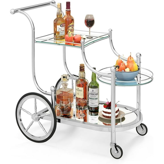 Glass Rolling Bar Cart, Rolling Serving Cart with 3-Tier Shelf, Directional Wheels & Universal Wheels, Mobile Wine Tea Serving Cart for Hotel, Club & Home