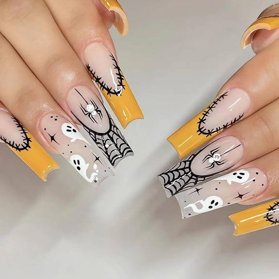 Halloween Press on Nails Long Black Spider Web Fake Nails Red French Tip False Nails Full Cover Halloween Glue on Nails Square Shape Artificial Nails Halloween Stick on Nails for Women 24Pcs style14