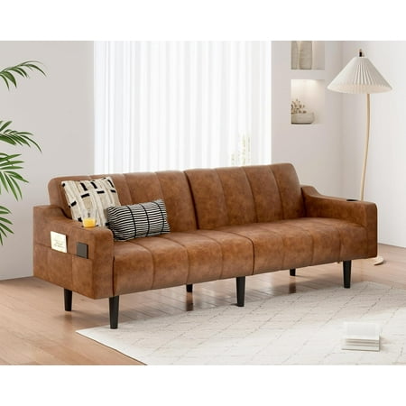 80'' Leather Couch, Futon Sofa Bed, Faux Leather Couch with Adjustable Backrest, 2 Cup Holders & Side Pockets, Mid Century Modern Sofa for Living Room, Bedroom, Brown