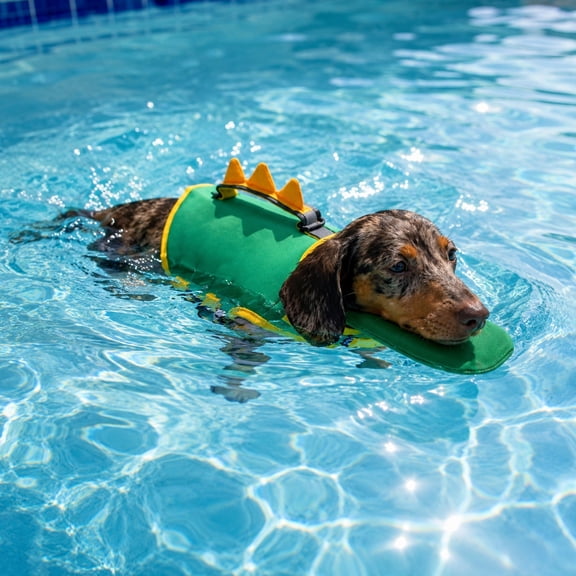 Dinosaur Dog Life Jacket with Chin Float,High Buoyancy Pet Swimming Vest with Handle & Adjustable Straps,Cute Puppy Lifesaver Swimsuit for Small Medium Large Dogs