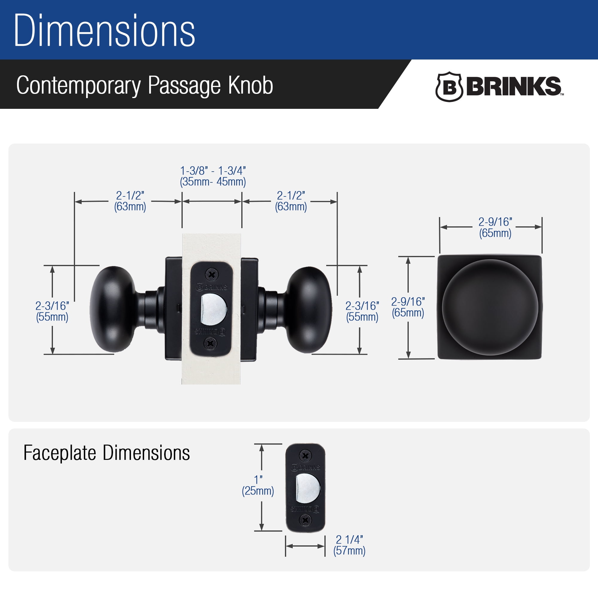 Brinks Contemporary Interior Passage Door Knob, Matte Black, 2 pack