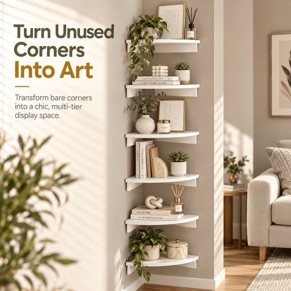 Corner Floating Shelves, Set of 6, 12" Engineered Wood Wall Shelves, White