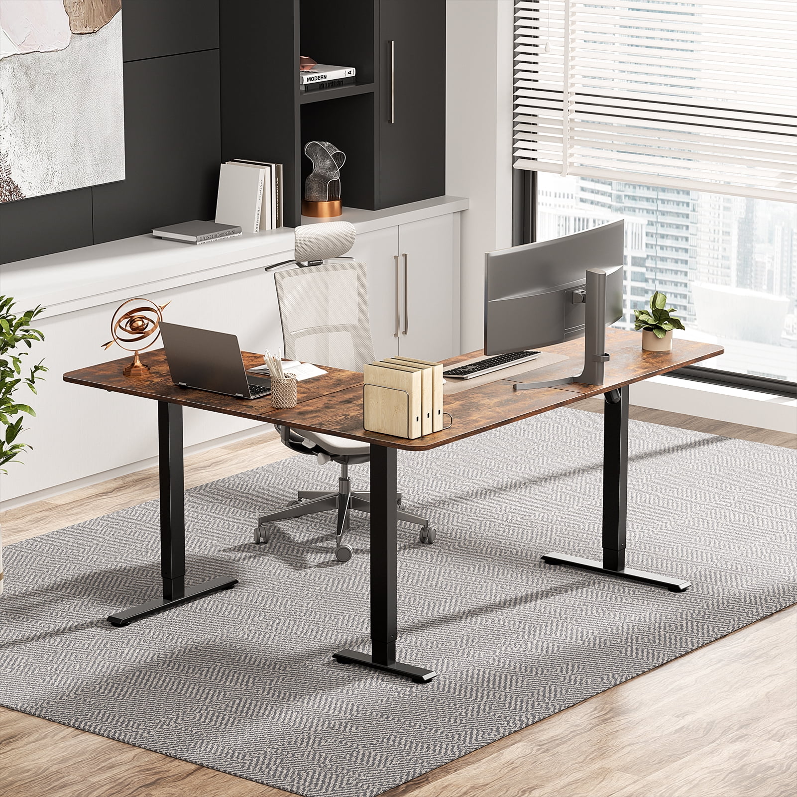 VVENACE 63 x 55 inch L Shaped Electric Standing Desk Stand up Desk Corner Computer Workstation for Home, Room, Office, Brown, 3 Split Boards