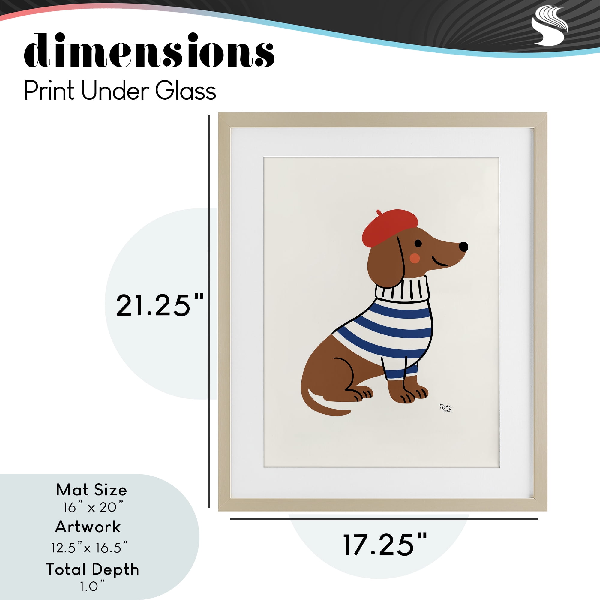French Dachshund in Beret Birch Framed Print Under Glass, design by Jessica Beck
