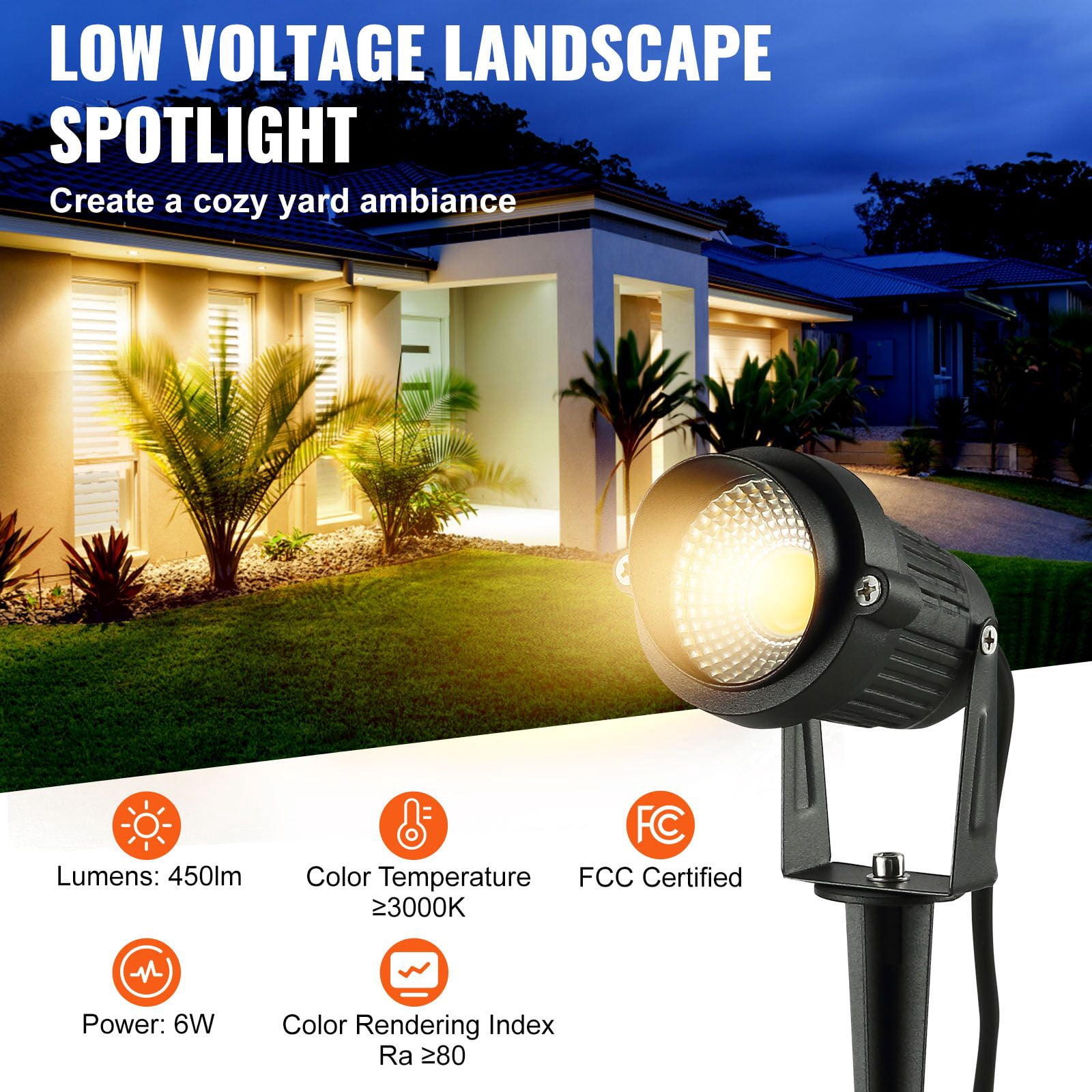 Low Voltage LED Landscape Light, 6W 450 Lumens, 270° Rotatable Head, 45° Spotlight, IP66 Waterproof, 12-24V AC/DC, for Garden, Pathway, Driveway & Patio Lighting