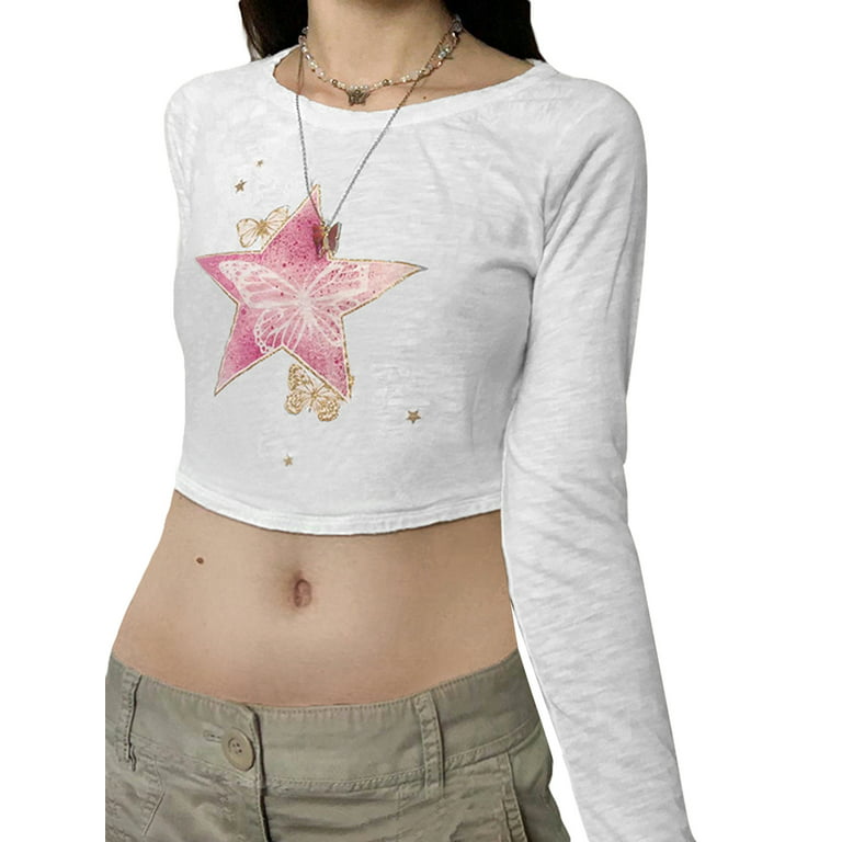 Women Vintage Graphic Print Long Sleeve Crop Top Fairy Grunge Slim Tee Y2K  Aesthetic Shirt E-Girls 90s Streetwear(Star Print Skinny White,L)