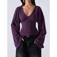 thumbnail image 5 of Women's Slimming Dark Purple V-Neck Pullover Batwing Sleeve Stretchy Long Sleeve Top for Fall Date Night Office Commute Layering, 5 of 8