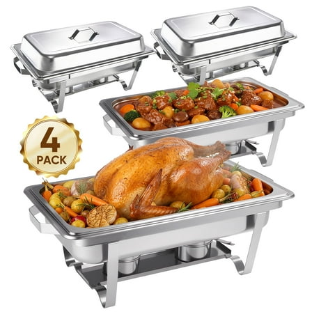 Daluvenix 4 Pack Chafing Dish Full Set 8QT Stainless Steel Rectangular Catering Chafer with Lids, Pans & Fuel Holders Buffet Food Warmers for Parties Events and Weddings