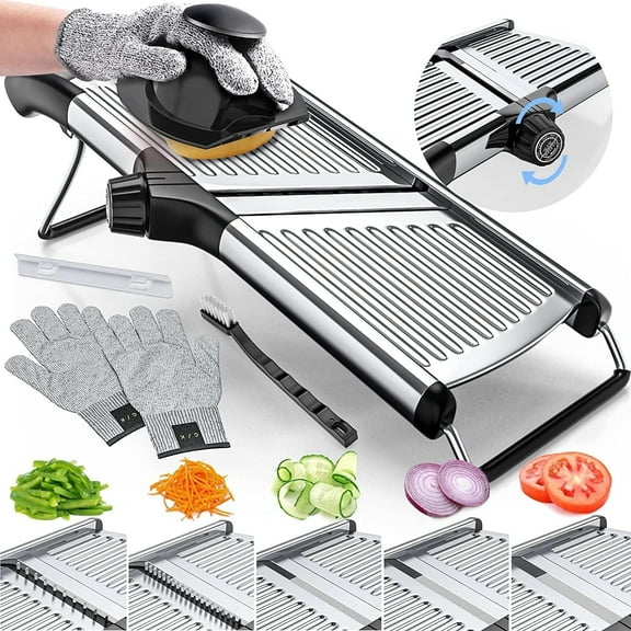 GUQDZOF Adjustable Mandoline Food Slicer, Mandoline Slicer for Kitchen, Mandolin, Potato, Tomato, Carrot, Vegetable, Fruit and Onion Cutter,Stainless Steel, Including 1 Pair Cut-Resistant Gloves