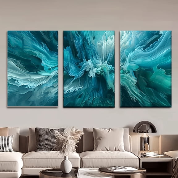 3 Pieces Frameless Canvas Painting, Abstract Blue and Green, Decorative Hanging Ornament, Living Room, Library, Office, Cafe, Bar, Abstract Art