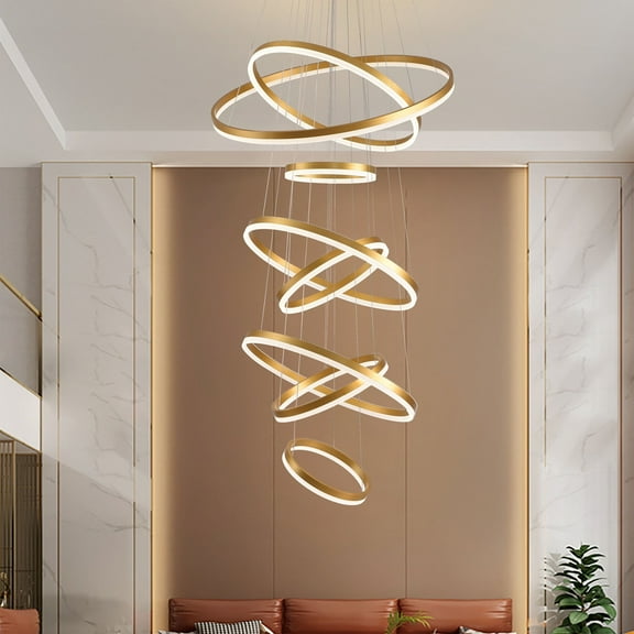 8 Ring Modern LED Chandelier, Dimmable Gold Ring High Ceiling Lighting with Romote Control,Large Foyer Chandeliers for Living Room Staircase Entryway
