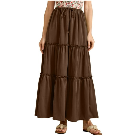 Women's Maxi Skirt Elastic High Waist A Line Pleated Tiered Flowy Boho Casual Beach Long Skirts