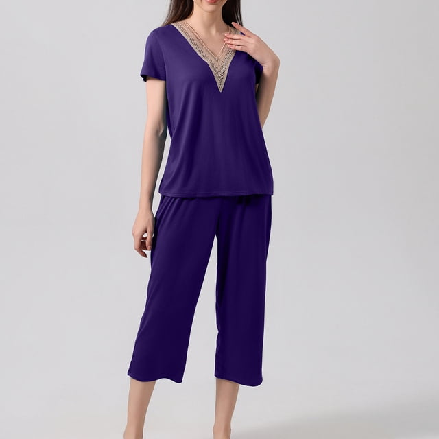 DecSea Ensembles de Pyjama Capri pour Femmes à Manches Courtes, Deux Pièces, Hauts à Col en V et Pantalons Capri P-2TG