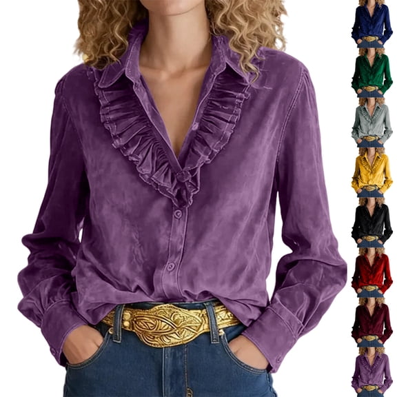 purcolt Velvet Tops for Women Vintage Long Sleeve Button Down Shirt Ruffled V Neck Blouse Work Office Cocktail Outfit