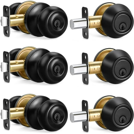 3 Sets Entry Door Knob and Single Cylinder Deadbolt Combo Set, Keyed Alike Round Ball Matte Black Exterior Door Knobs with Lock and Keys for Entrance and Front Door